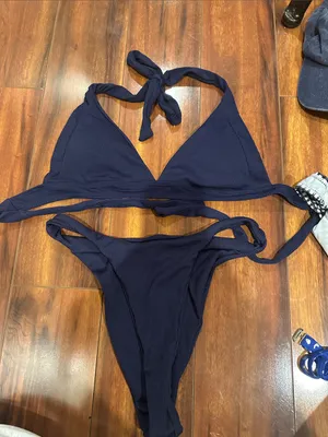 SHEIN Ribbed Navy Triangle Bikini Set - Dark Blue thumbnail 1