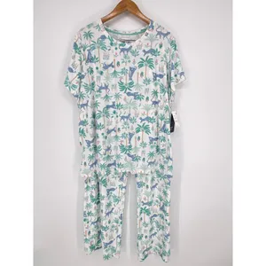 Crown & Ivy Pajama Set Top 2X‎ Pants 4X White Blue Leopard Palm Tree Print NWT thumbnail 2