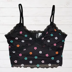 Whimsigoth Y2K Black Floral Lace Cami Top Colorful Flowers M thumbnail 2