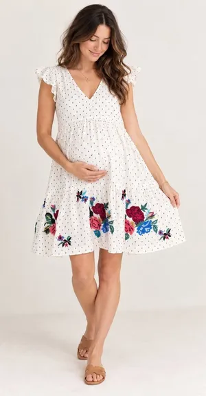 HATCH White Floral Embroidered Tiered Maternity Dress Size 1 Small thumbnail 1