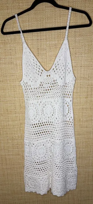 Aerie White Crochet Mini Dress V-Neck Spaghetti Strap Boho Beach Coverup Small thumbnail 1