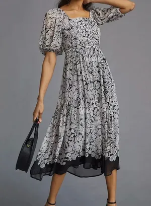 By Anthropologie Squareneck Smocked Midi Dress NWOT Size M thumbnail 1