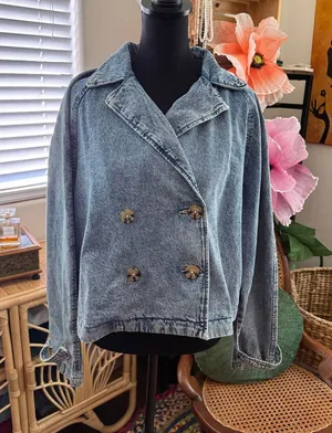 Divided H&M Acid Wash Denim Double Breasted Peacoat Jean Jacket thumbnail 1