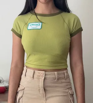 Wild Fable‎ Lime Green Dewey Cannabis Co Patch Ribbed Ringer Crop Baby Tee Small thumbnail 1