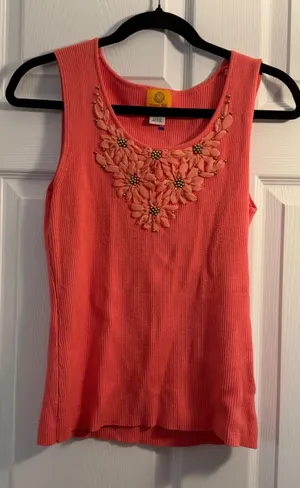 Ruby Rd Tank Top Coral Petite‎ Large Floral Embellished Ribbed Summer Casual thumbnail 1