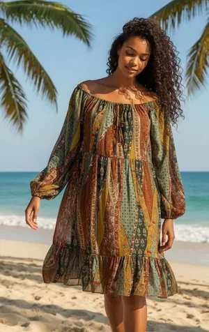 Pure Energy Boho Maxi Dress Patchwork Off‎ Long Sleeve Tiered Ruffle Size 2 thumbnail 1