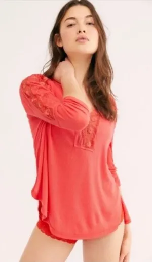 Free people Lola crimson red‎ lace embroidered floral top sz M thumbnail 1