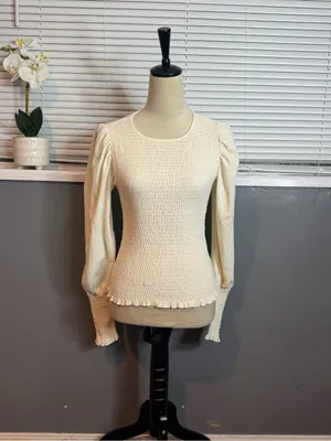 Anthropologie Ivory Smocked Puff Sleeve Peplum Top Small thumbnail 2