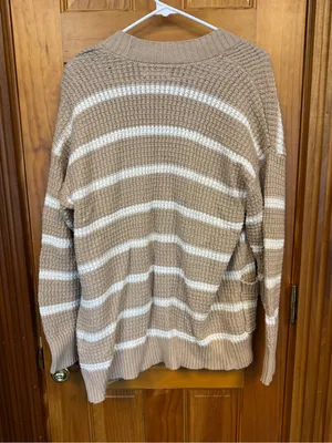 American Eagle Tan & White Striped Open Front Knit Cardigan Sweater Size S thumbnail 5