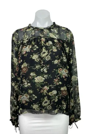Aritzia Wilfred Black Floral Long Sleeve Chiffon Mesh Ruffle Blouse Top Size S thumbnail 1