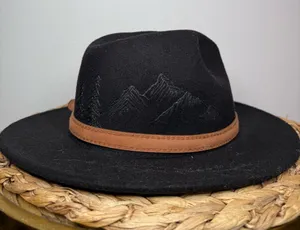 WR Black Felt Western Hat Fedora Mountain Forest hand Etching Cowboy Brown Band thumbnail 1