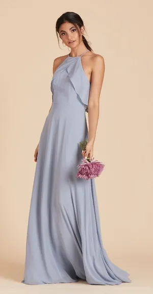 NWT Womens Size Small Birdy Grey Blue Jules Chiffon Ruffle Accent Maxi Dress thumbnail 1