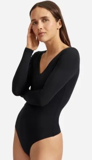 Everlane Bodysuit Top Womens Size XS Black Long Sleeve V Neck Supima Cotton EUC! thumbnail 1