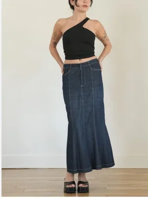 bebe vintage long denim skirt beaded Logo Dark raw edging Denim button fly thumbnail 11
