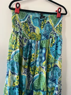 Y2K Tropical Strapless Blue Green Smocked Midi Dress Large 100% Cotton Resort thumbnail 6