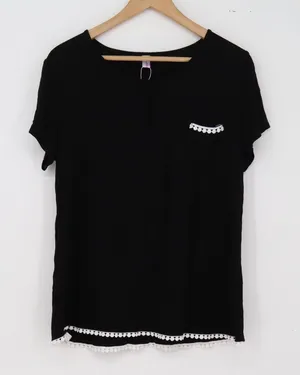 Cheibear Pajama Set Womens Medium Pom Pom Trim Black Rayon Spandex Excellent thumbnail 1