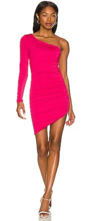 Superdown Brie One Sleeve Dress‎ Revolve Small Hot Pink Ruched Asymmetrical thumbnail 1