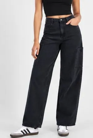 Tinseltown Juniors Baggy Cargo Jeans Size 0 Washed Black High Rise Wide Leg Zip thumbnail 1