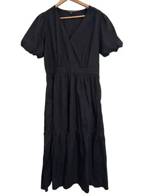 French Connection V-neck Short PuffSleeve Black Poplin Tier Maxi Dress size XL thumbnail 2