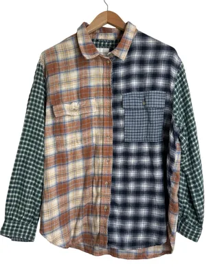 American Eagle Fall Plaid Patchwork Ragged Eclectic Grandpa Flannel Shirt sz L thumbnail 1