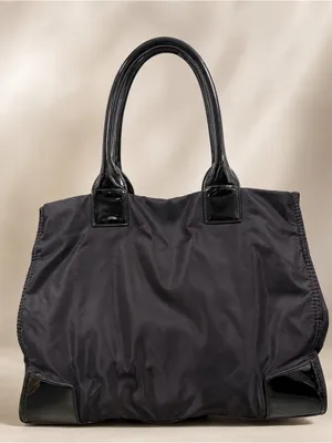 Tory Burch Large Elle Nylon Tote Bag Patent Leather Black Shoulder Authentic thumbnail 2