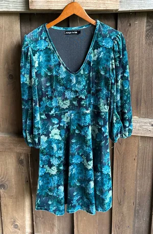 Midnight Doll Teal Floral Whimsigoth Velvet Mini Dress thumbnail 1