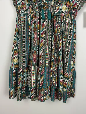 Boemo Ruffle Hem Mini Aztec Geometric Print Dress Flutter Sleeve Size Large NWT thumbnail 6