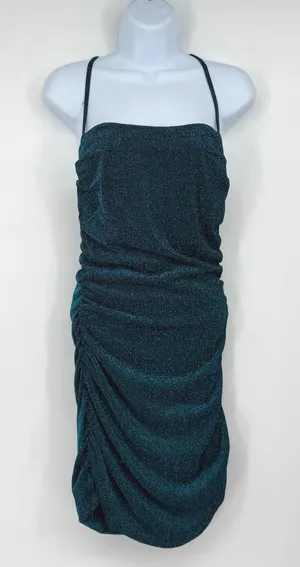 Princess Polly Size 8 Teal Metallic Ruched Bodycon Midi Dress Cross Back thumbnail 1