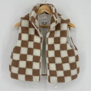 Wild Rose Checkered Sherpa Vest Womens Small Brown Cream Fleece Full Zip Padded thumbnail 2