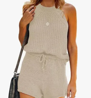 2 piece halter High Neck Tank Tank Ribbed, Knie Slevless shirt high wais… thumbnail 3