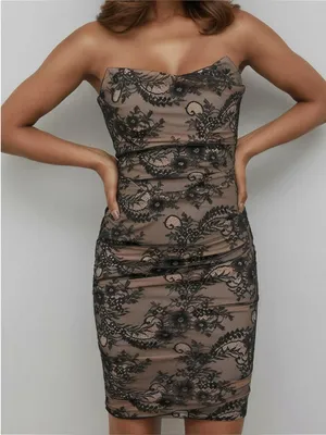 HOUSE OF CB Amaya Embroidered Lace Corset Strapless Dress, Black, XS thumbnail 1