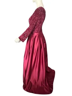 Flocked Velvet Sequin Bodice Pleated Satin Skirt Ball Gown Burgundy Size 16 NWOT thumbnail 3