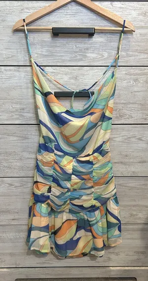 Sky to Moon Retro Swirl Print Ruched Mini Dress Blue Orange Cowl Neck Large thumbnail 1
