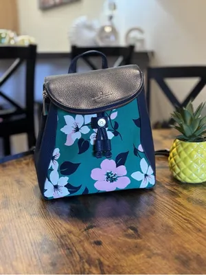Kate Spade New York Floral Print Backpack – Navy Blue Pebble Leather – Stylish D thumbnail 4