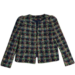 ZARA WOMAN Multicolor Plaid Tweed‎ Collarless Blazer Jacket Shoulder M thumbnail 2