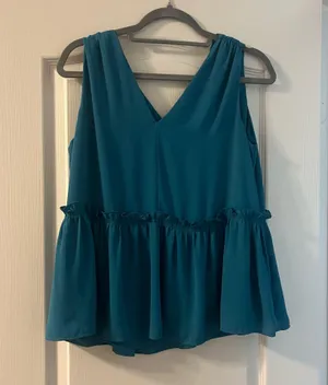 LOFT Teal Blue V-Neck Scrunched Shoulder Ruffle Blouse Size Small thumbnail 1