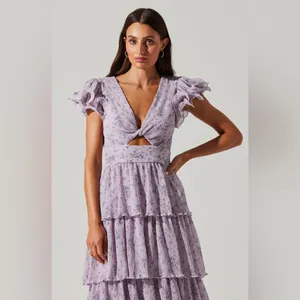 ASTR the Label Pleated Tiered Midi Dress Small Purple Floral Wedding Guest Party thumbnail 4