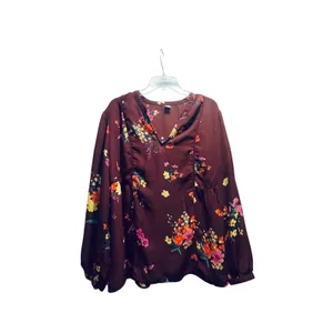Old Navy Burgundy Floral V-Neck Peplum Blouse‎ Long Sleeve Top thumbnail 3