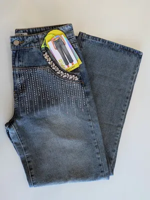 Rhinestone Embellished Wide Leg Jeans Dark Wash Bling Denim Size M thumbnail 13