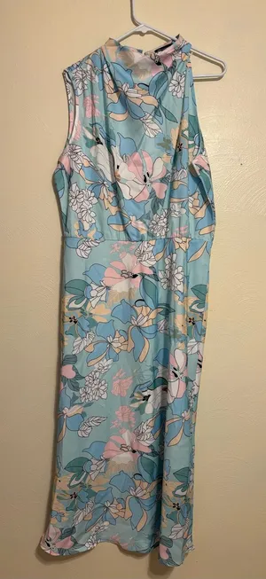 🌸 PrettyGarden Floral Midi Dress XL Blue Pink Sleeveless Mock Neck NWT thumbnail 1