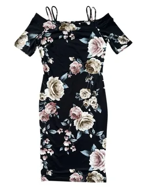 Haute Monde Floral Midi Dress M Black Off The Shoulder Sheath Bodycon‎ Pink Rose thumbnail 1