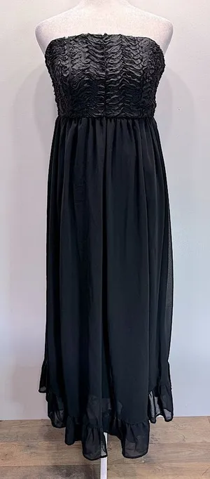 YA Los Angeles Black Strapless Maxi Dress Ruffled Bust Lined Sheer Skirt Whimsigoth Formal S-M thumbnail 1