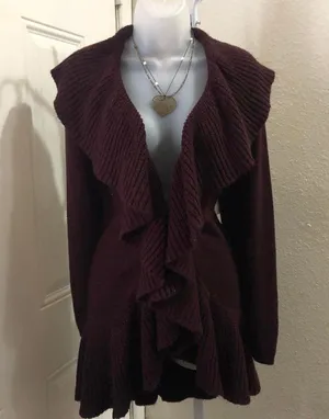 Whimsy gothic grunge cottagecore Burgundy red ruffled cardigan long sleeves ruffle hem hook eye closure-Size L thumbnail 2