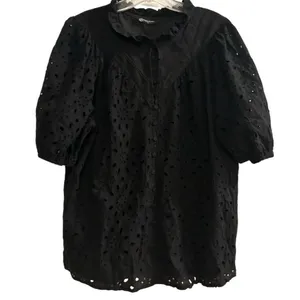 PrettyGarden‎ Women's Black Embroidered Blouse L Long Puff Sleeve thumbnail 1