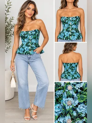 Zara Floral Jacquard Strapless Bustier Corset Peplum Top Blue Green Size S thumbnail 2