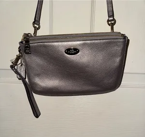 Coach F53157 Metallic Pewter Leather Crossbody Wristlet Double Zip Bag thumbnail 1
