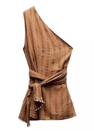 NWT Zara Asymmetric One Shoulder Wrap Halter Beaded Boho Top thumbnail 1