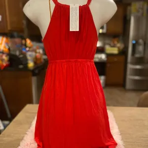 Ophelia Ruffle Tiered Halter Sundress Womens Medium Poppy Red Stretch Knit thumbnail 6