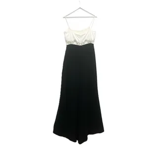 Badgley Mischka Formal Gown 10 Black White Beaded Silk Pearl High Low Maxi thumbnail 4