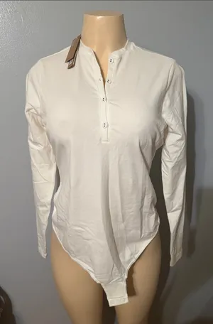SKIMS White Long-Sleeve Henley Bodysuit with Button Placket thumbnail 1